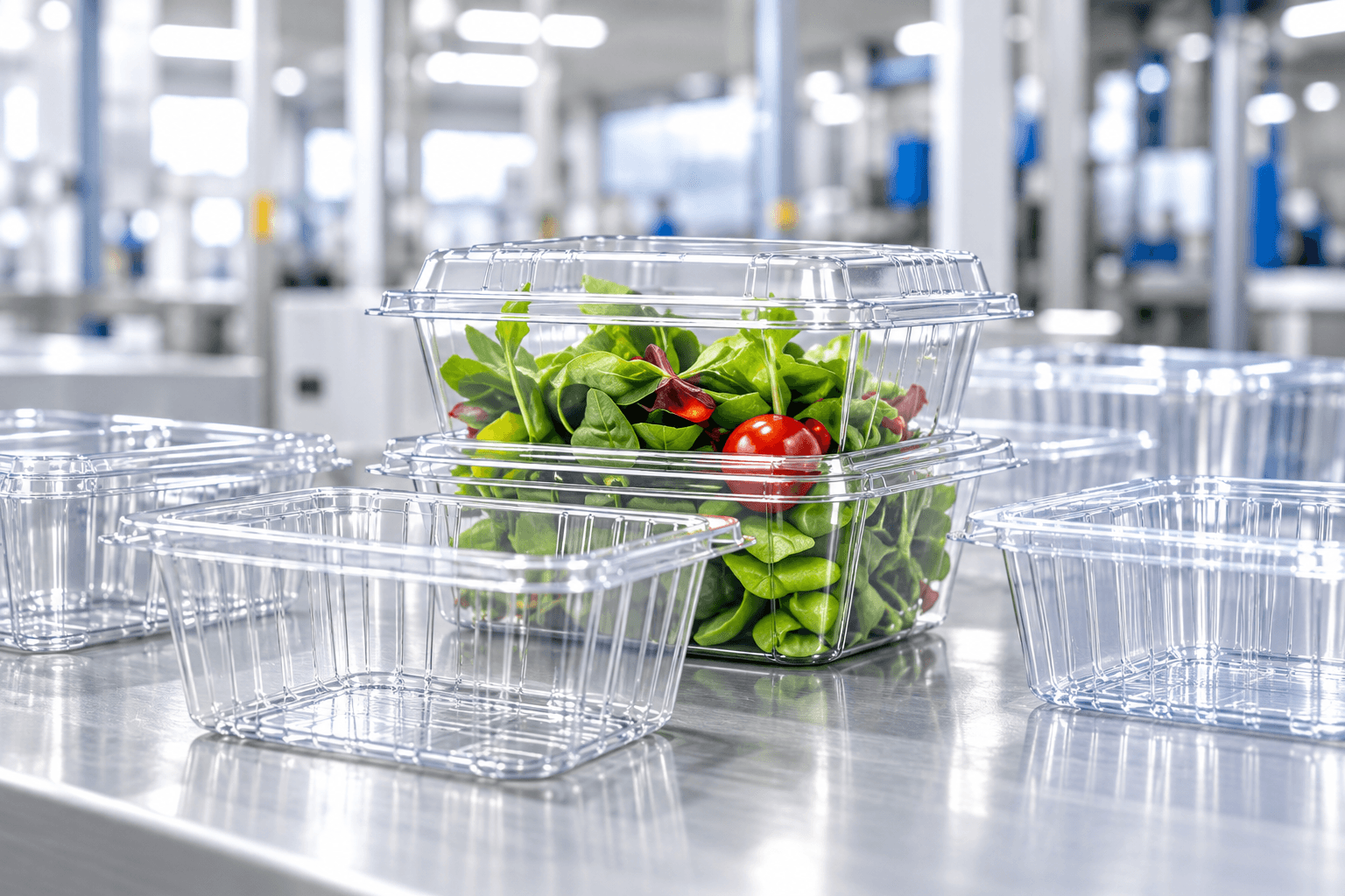 Clear PET food packaging containers in a Blue Wave production facility