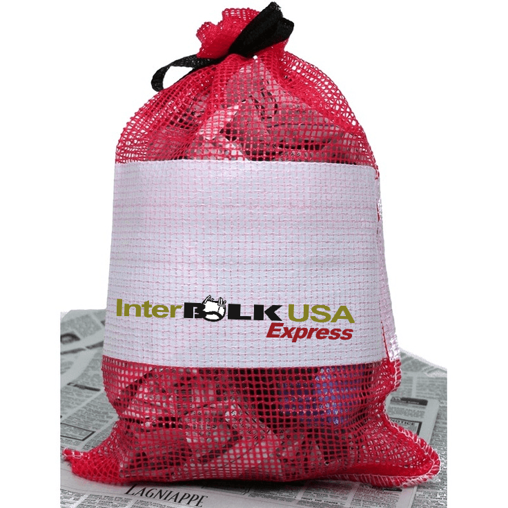 Red mesh produce bag with a branded label band