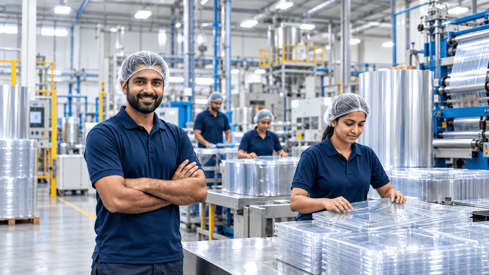 Blue Wave factory team members in a production facility
