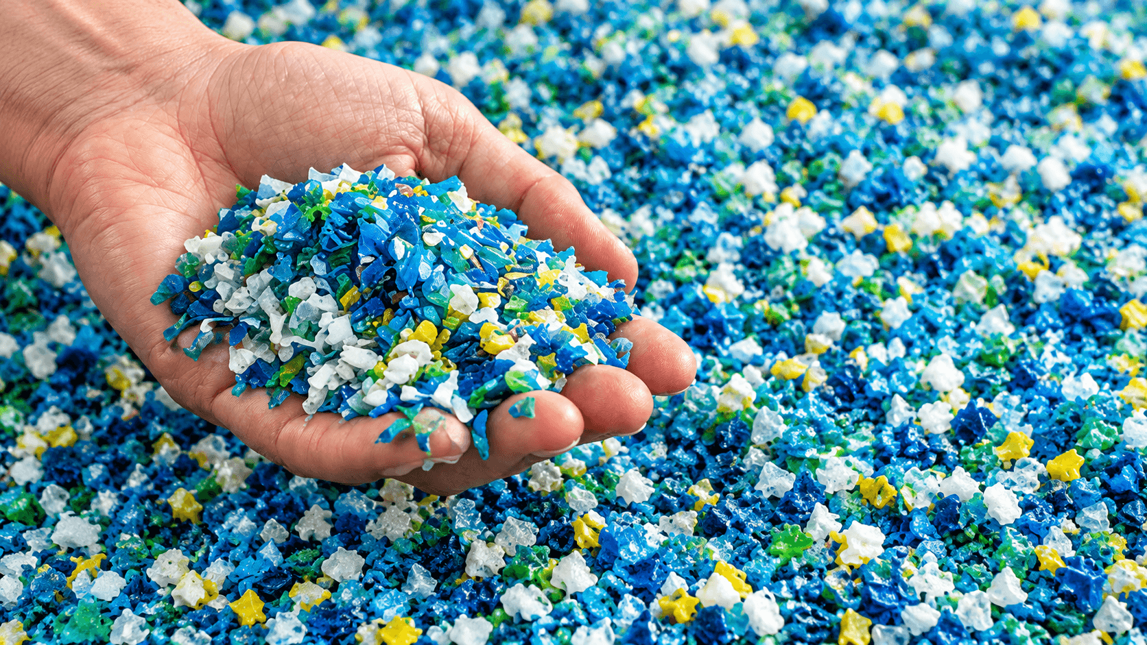 Hand holding recycled plastic flakes