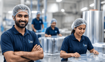 Blue Wave team members on the factory floor
