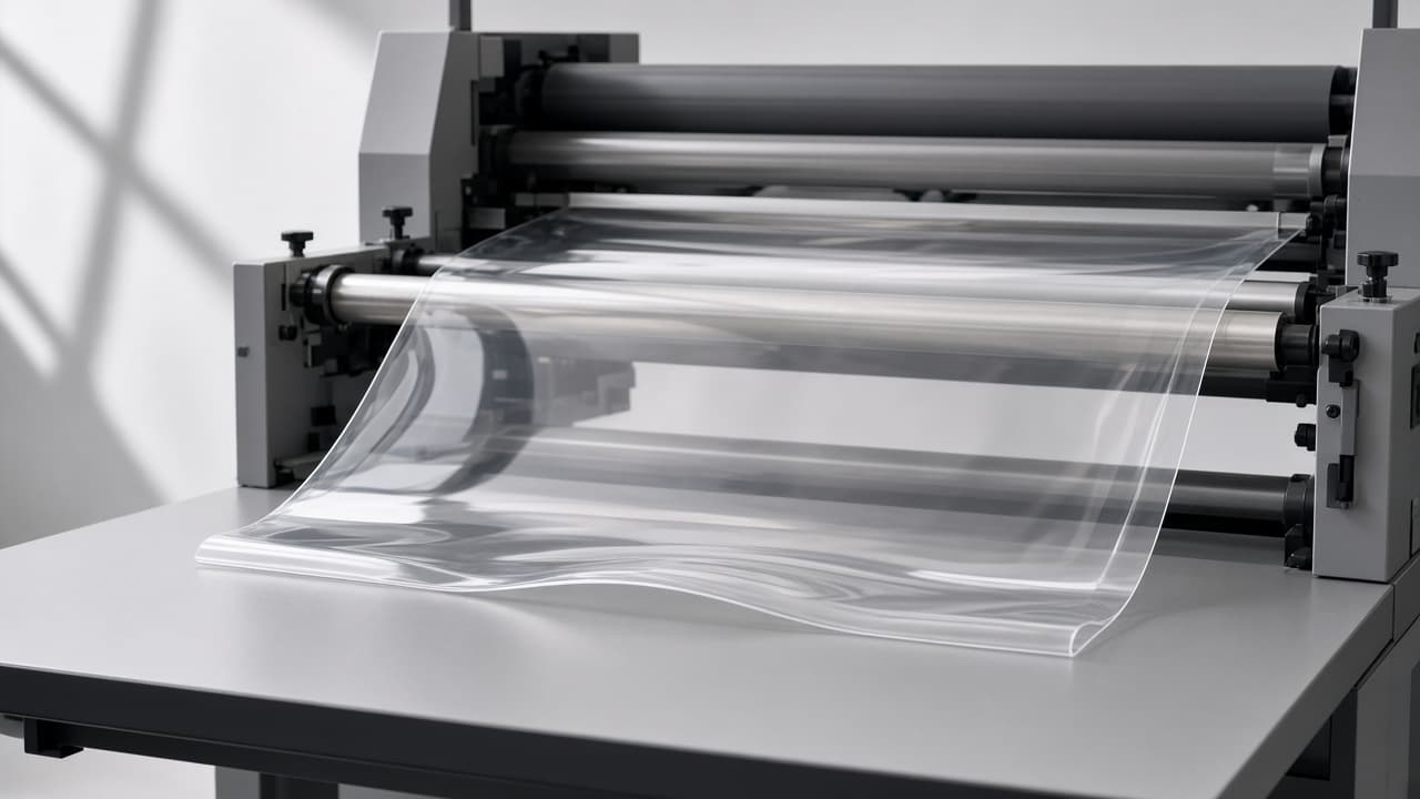 Clear plastic film running through industrial printing equipment