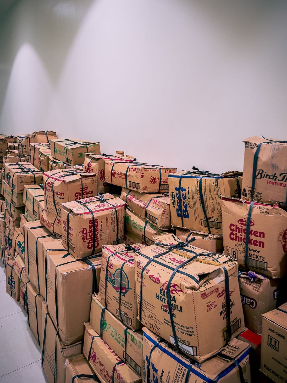 Bulk carton loads secured with plastic strapping for shipping