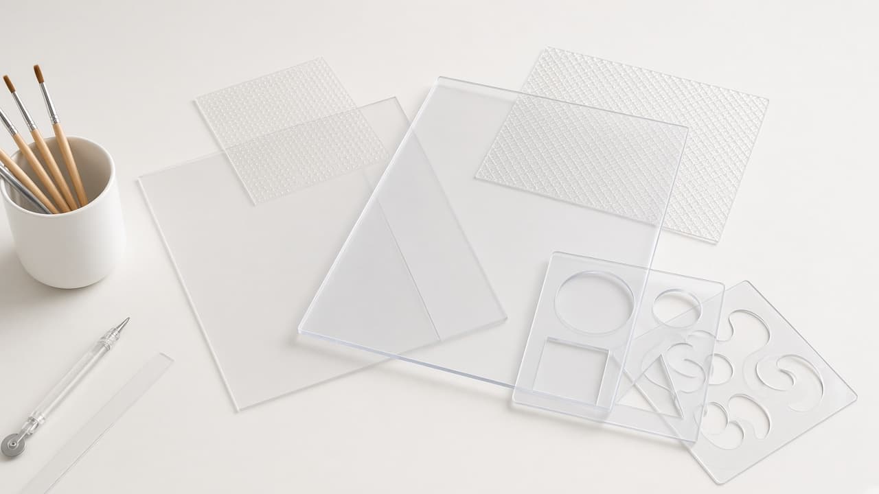 Clear plastic sheets, stencils, and craft supplies for art and model making